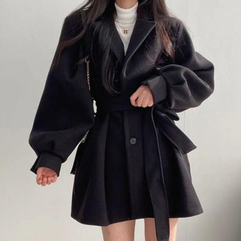 OLCooL Puff Sleeve Belted Woolen Coat olcool