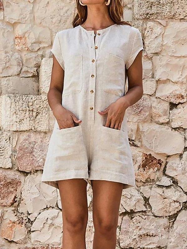 Button Down Pockets Romper-Mayoulove