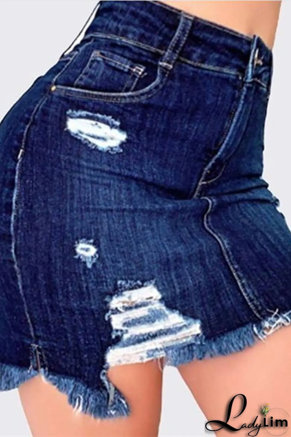 Dark Blue Fashion Casual Solid Ripped Plus Size Skirt