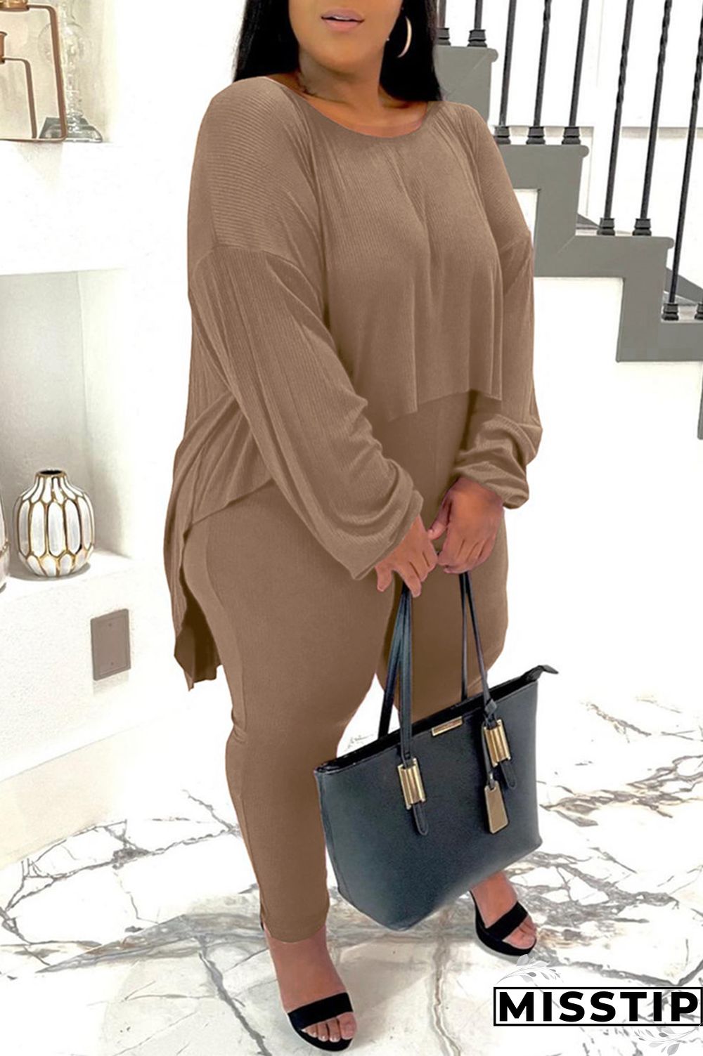 Burgundy Casual Solid Patchwork O Neck Plus Size Two Pieces