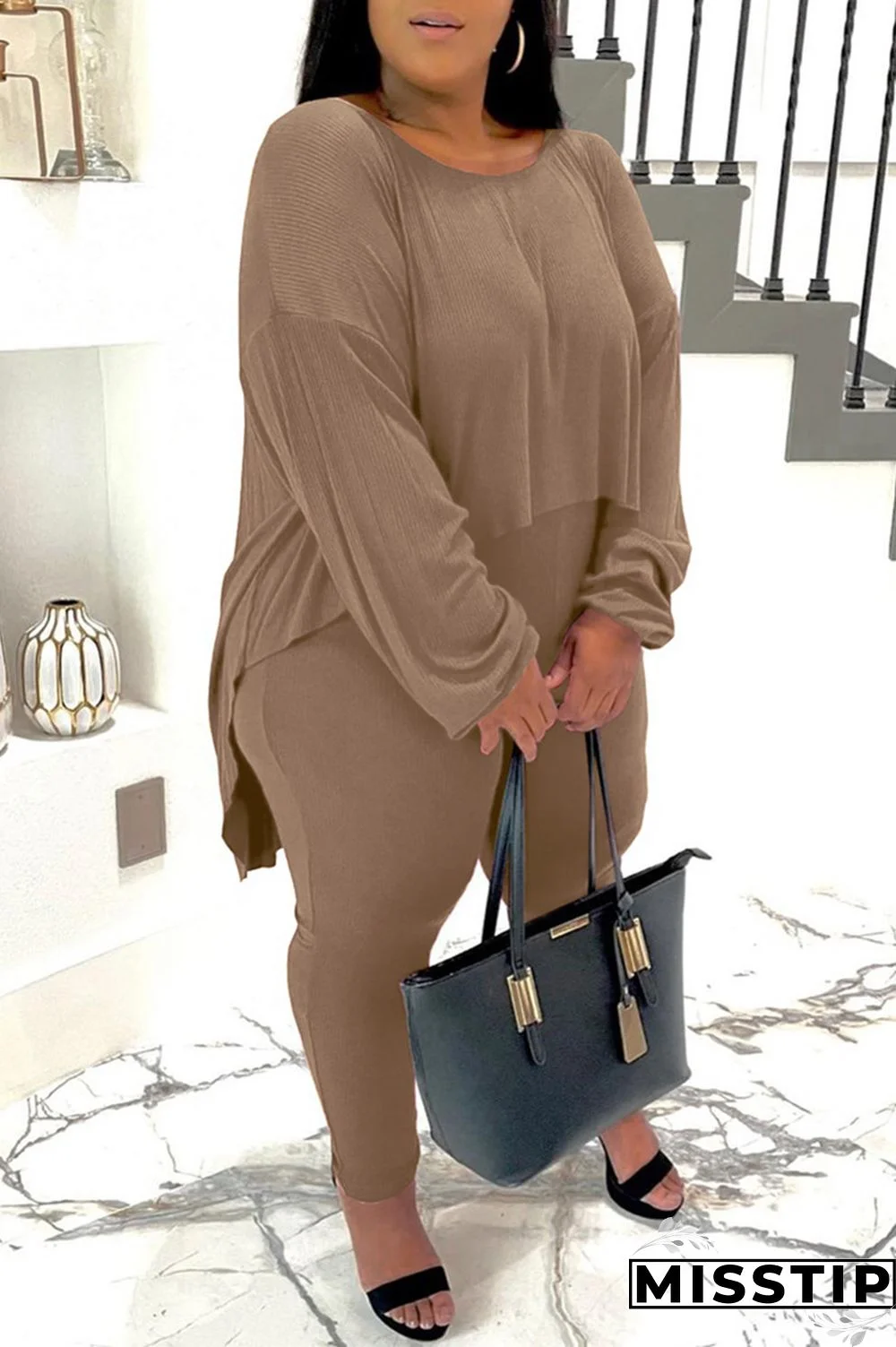 Burgundy Casual Solid Patchwork O Neck Plus Size Two Pieces