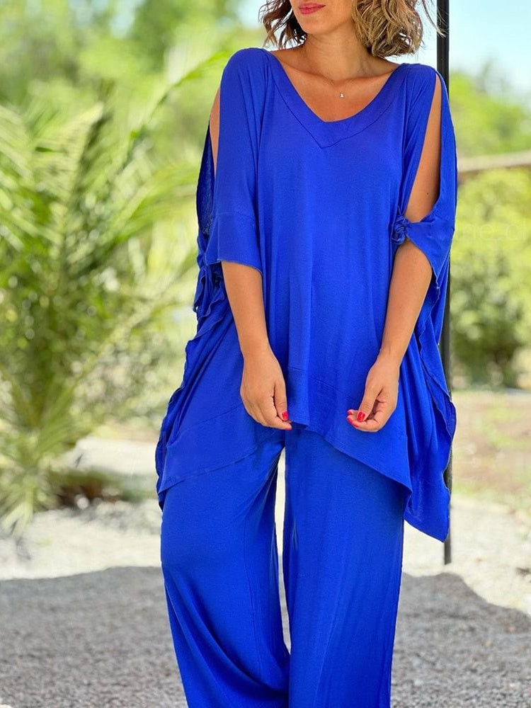 Women Half Sleeve V-neck Solid Color Dress