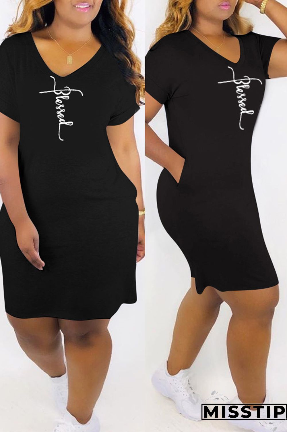 White Fashion Casual Print Basic V Neck Short Sleeve Dress
