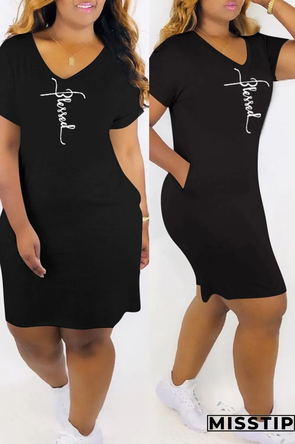 White Fashion Casual Print Basic V Neck Short Sleeve Dress