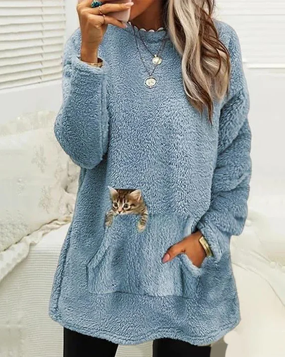 Fall Winter Hot Sale Casual Printed Long Sleeve Pocket Double Sided Fleece Women's Sweatshirt