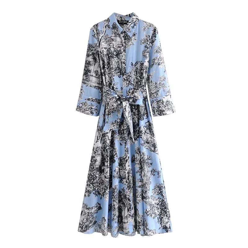 KPYTOMOA Women 2021 Chic Fashion With Belt Printed Midi Shirt Dress Vintage Three Quarter Sleeve Button-up Female Dresses Mujer