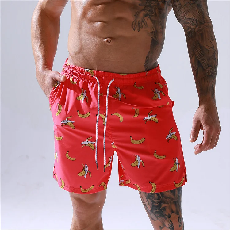 Banana Pattern Red Casual Men's Beach Shorts at Hiphopee