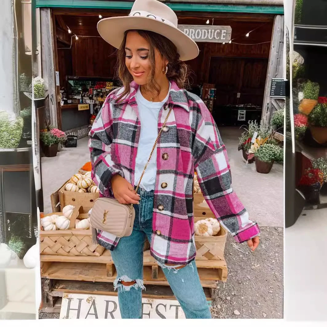 Nigikala Nigikala Net Red Autumn Street Temperament Long-Sleeved Collar Loose Women's Plaid Shirt Long Coat