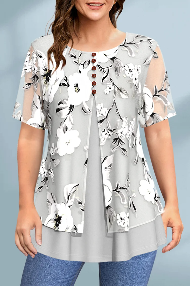 Flycurvy Plus Size Dressy Light Grey Chiffon Floral Print Decorative Button Layered Blouse  Flycurvy [product_label]