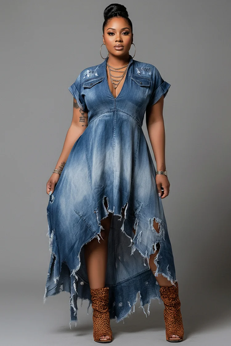 Xpluswear Design Plus Size Party Blue V Neck Short Sleeve Ripped Asymmetric Hem Denim Midi Dresses [Pre-Order] 2024 - Xpluswear