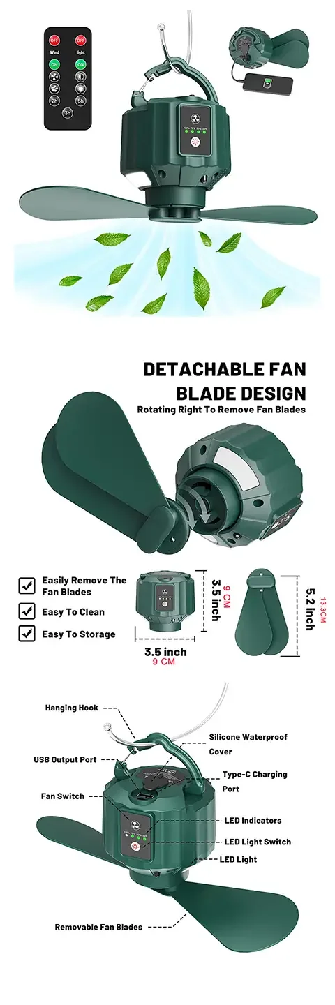 camping fan with led lights rechargeable outdoor tent fan with hanging hook remote control removable fan blade timer 3 speed and 3 light level 5 200 mah battery powered suitable for tent travel sports & outdoors temu details 0