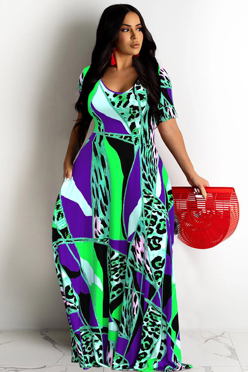 Design Plus Size Daily Pink Colorblock U Neck Pocket Maxi Dresses [Pre-Order]