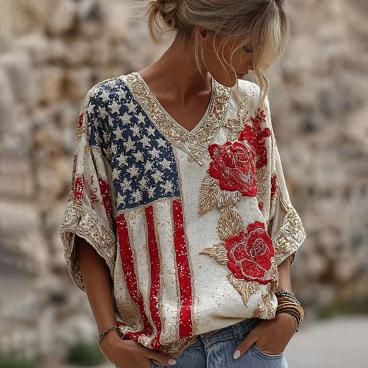 Women's Floral Contrast Embroidered Print Linen T-shirt