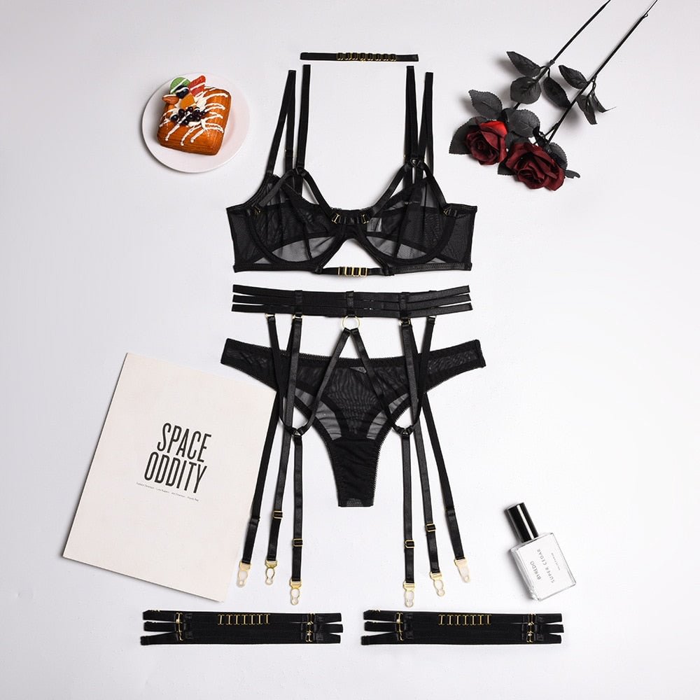 MIRABELLE Sensual Lingerie Sexy Underwear See Through Lace Bra and Panty Sets 4 Piece Erotic Costumes Short Skin Care Kits