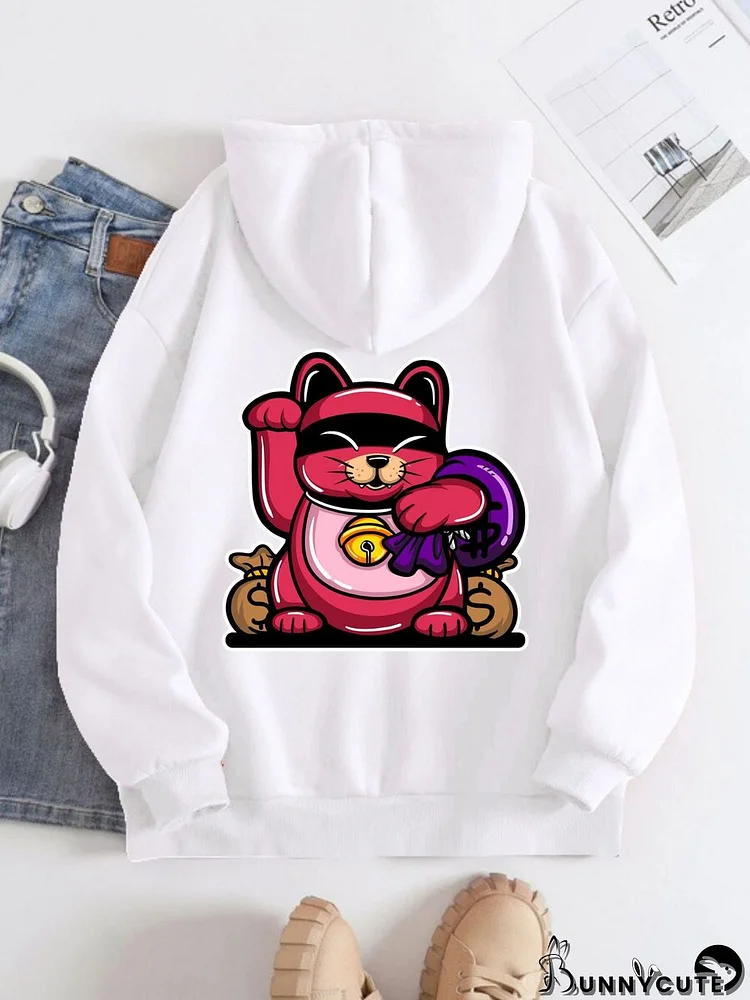 Printed on the Back Kangaroo Pocket Hoodie Long Sleeve for Women Pattern  Strong Lucky Cat