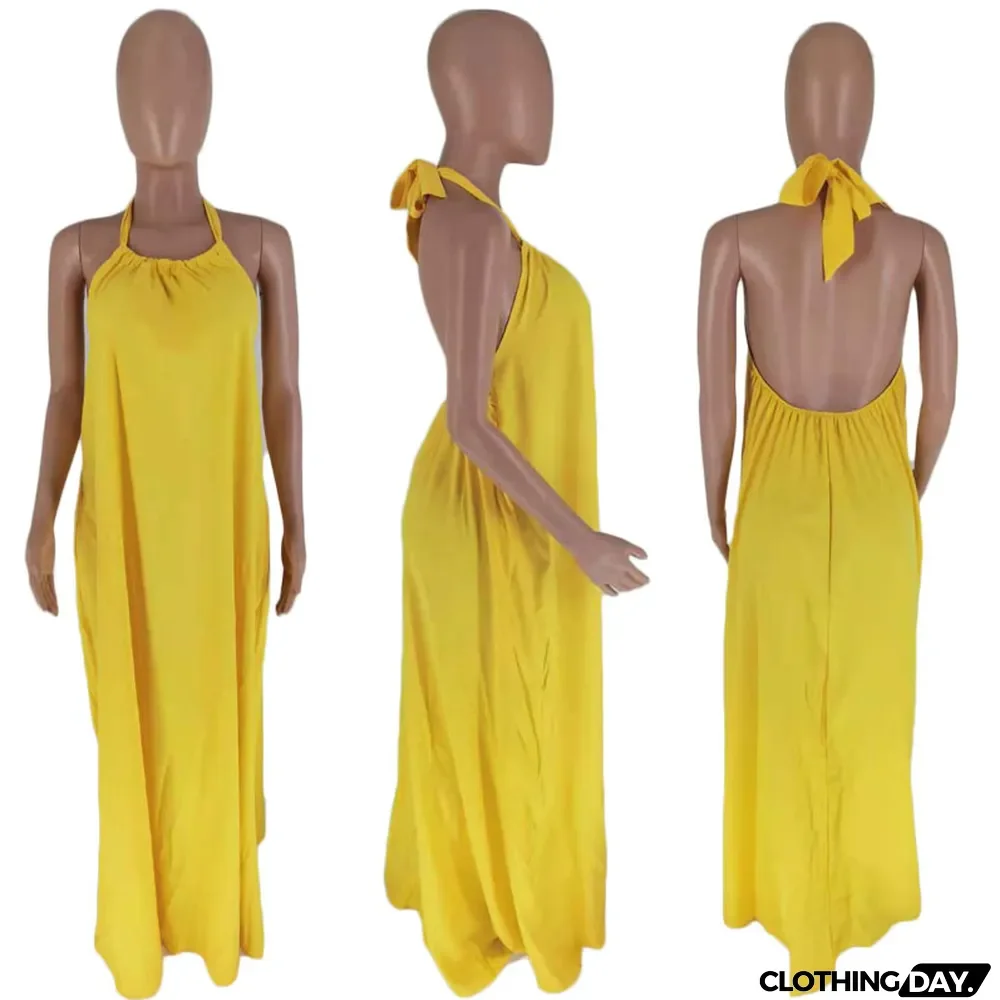 Summer Women's Sleeveless Halter Neck Sexy Low Back Solid Color Maxi Dress