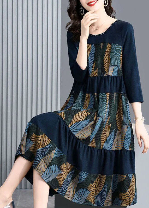 Style Blue Oversized Patchwork Print Dress Bracelet Sleeve