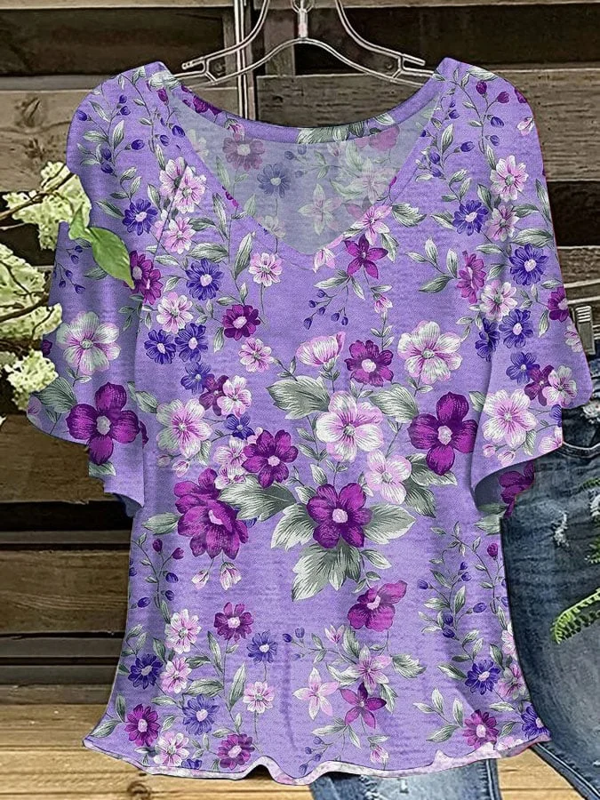 Women's Alzheimer's Disease Flowers Print V-Neck Ruffle Sleeve T-Shirt