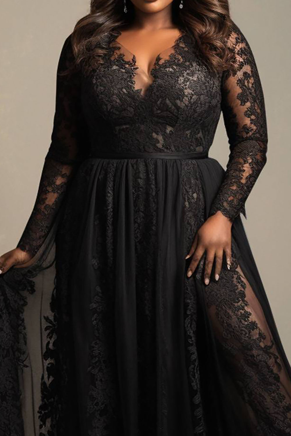 Design Plus Size Semi Formal Elegant Black V Neck Long Sleeve See Through Lace Maxi Dresses [Pre-Order]