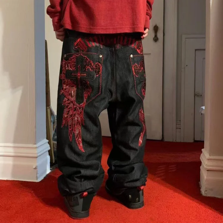 Retro Street Cross Wings Print Loose Jeans