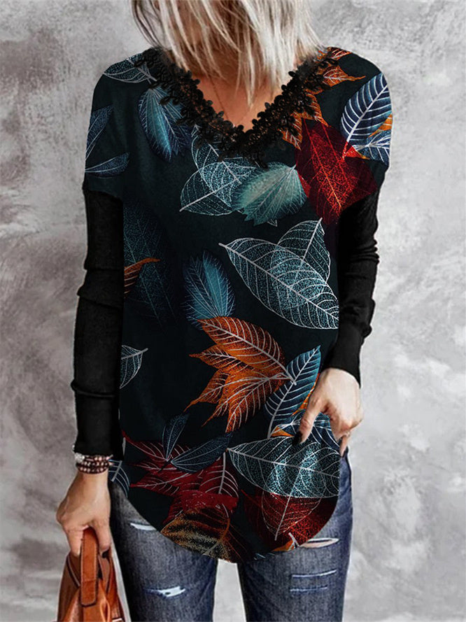 Women Long Sleeve V-neck Graphic Floral Printed Top