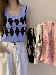 Nautinvest college outfits Women Plaid Tank Tops Backless Cute Camis Female Crop Tops Knitted Tops Women Crop Tank Tops 2025 Summer