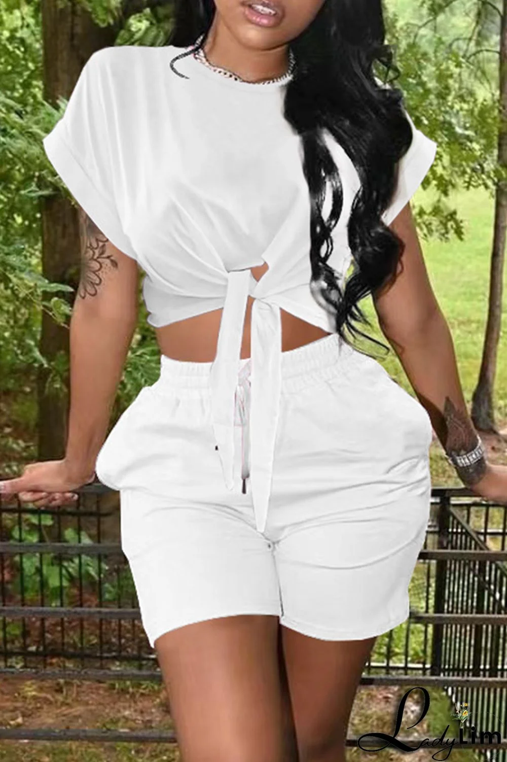 Black Fashion Casual Solid Bandage O Neck Short Sleeve Two Pieces