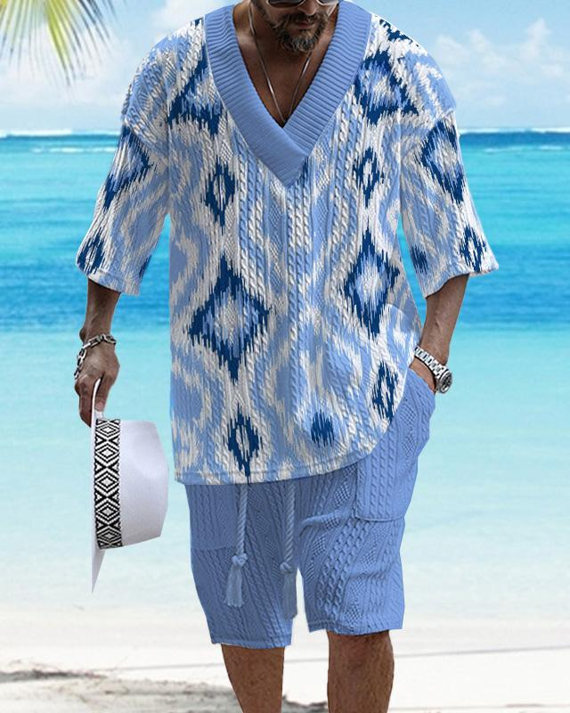 Men's V-neck luxury textured print shorts Set 022