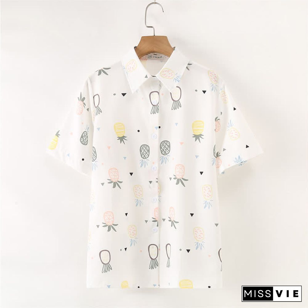 Vintage Pineapple Print Short Sleeve Casual Polo Shirt