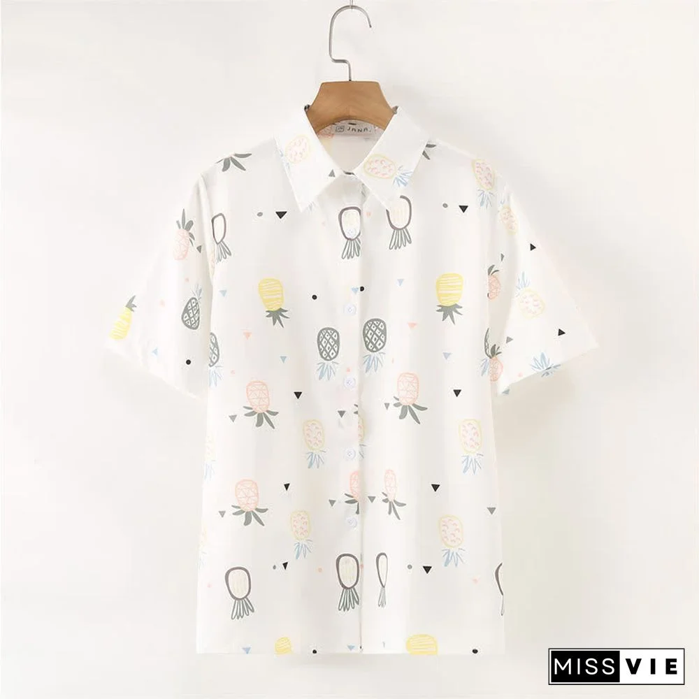 Vintage Pineapple Print Short Sleeve Casual Polo Shirt