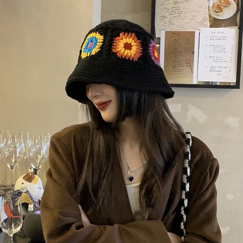 Black Crochet Granny Square Buckle Hat