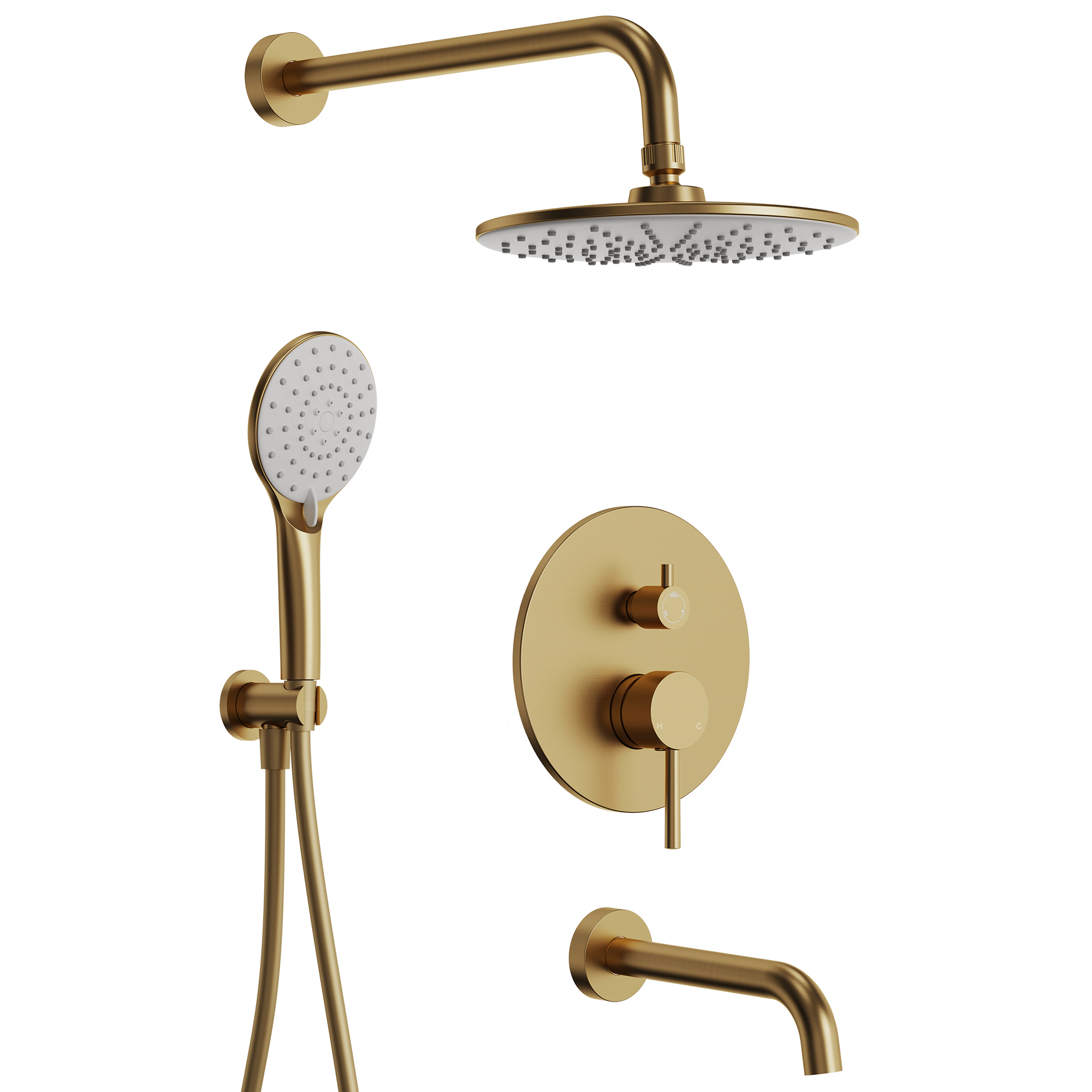 3-Spray Single-Handle Round Rain Dual Fixed Shower Head with Handheld Shower Head in Brushed Gold