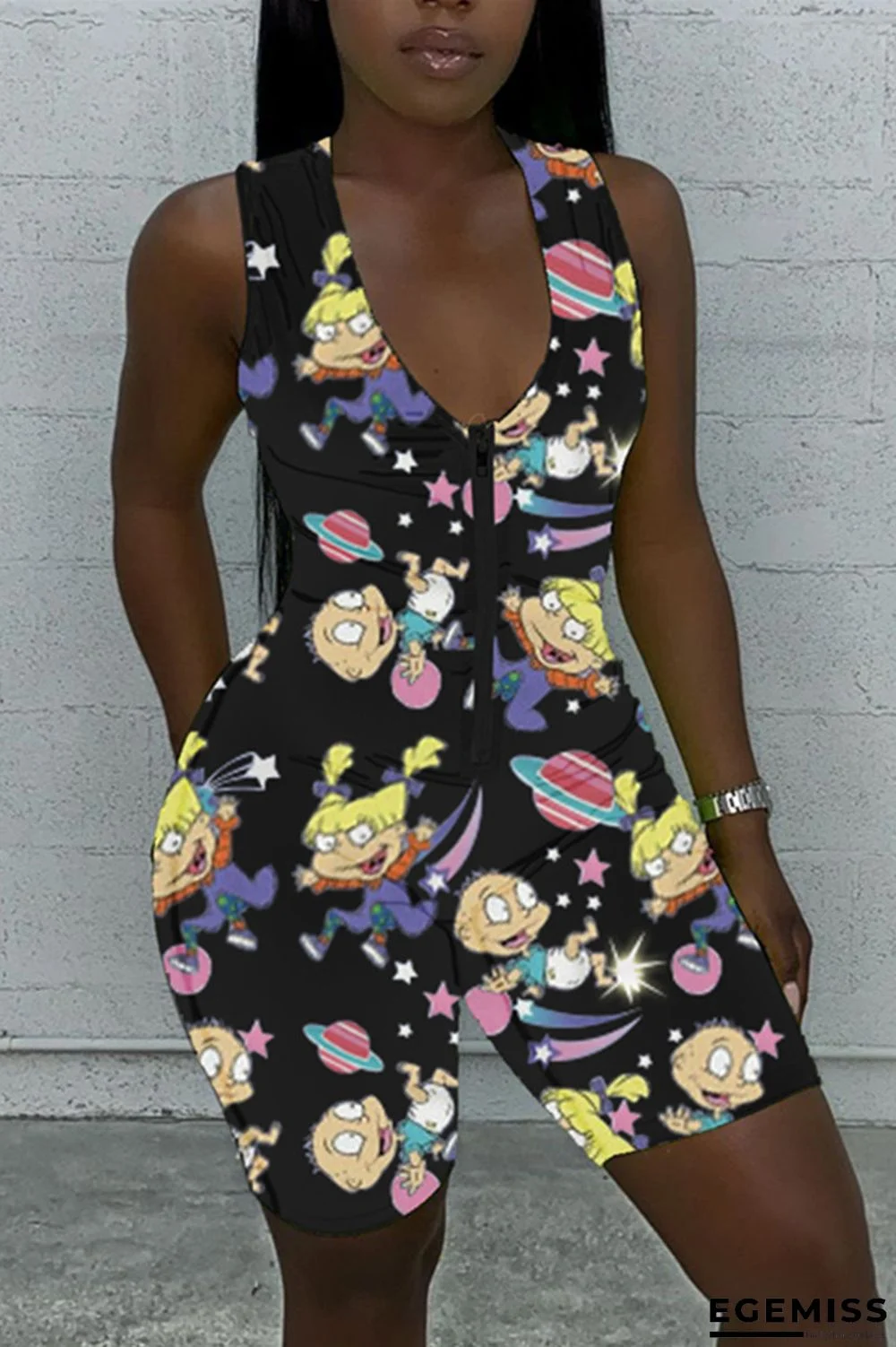 Black Fashion Sexy Printed Sleeveless Romper | EGEMISS