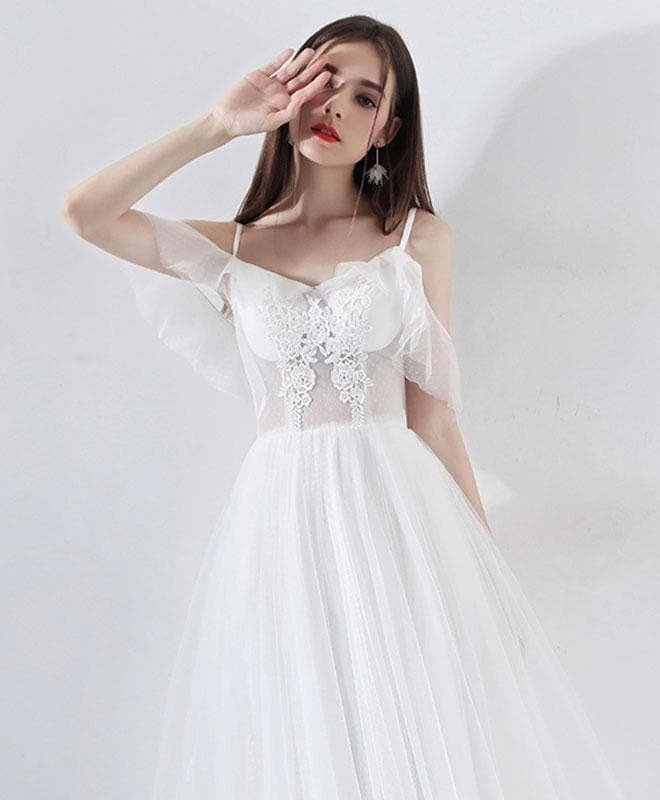 White Tea Length Tulle Prom Dress, White Evening Dress