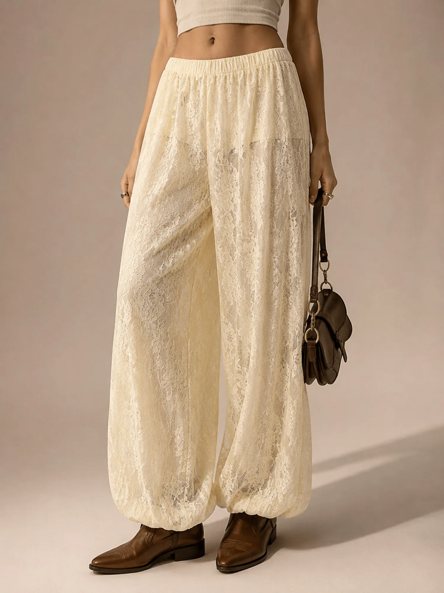 Perfect for casual summer outings &mdash; Elastic waist bohemian lace drawstring harem pants