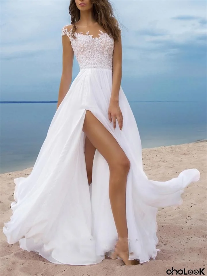 Decent Floral Side Slit Maxi Chiffon Dress for Wedding