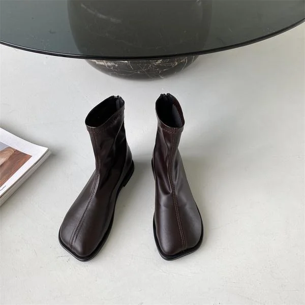 Vstacam Rock Shoes Woman Autumn Boots Flat Heel Zipper Boots-Women Ladies Ankle Leather Rubber Low 2022 Fabric Square Toe Rome Basic Sol