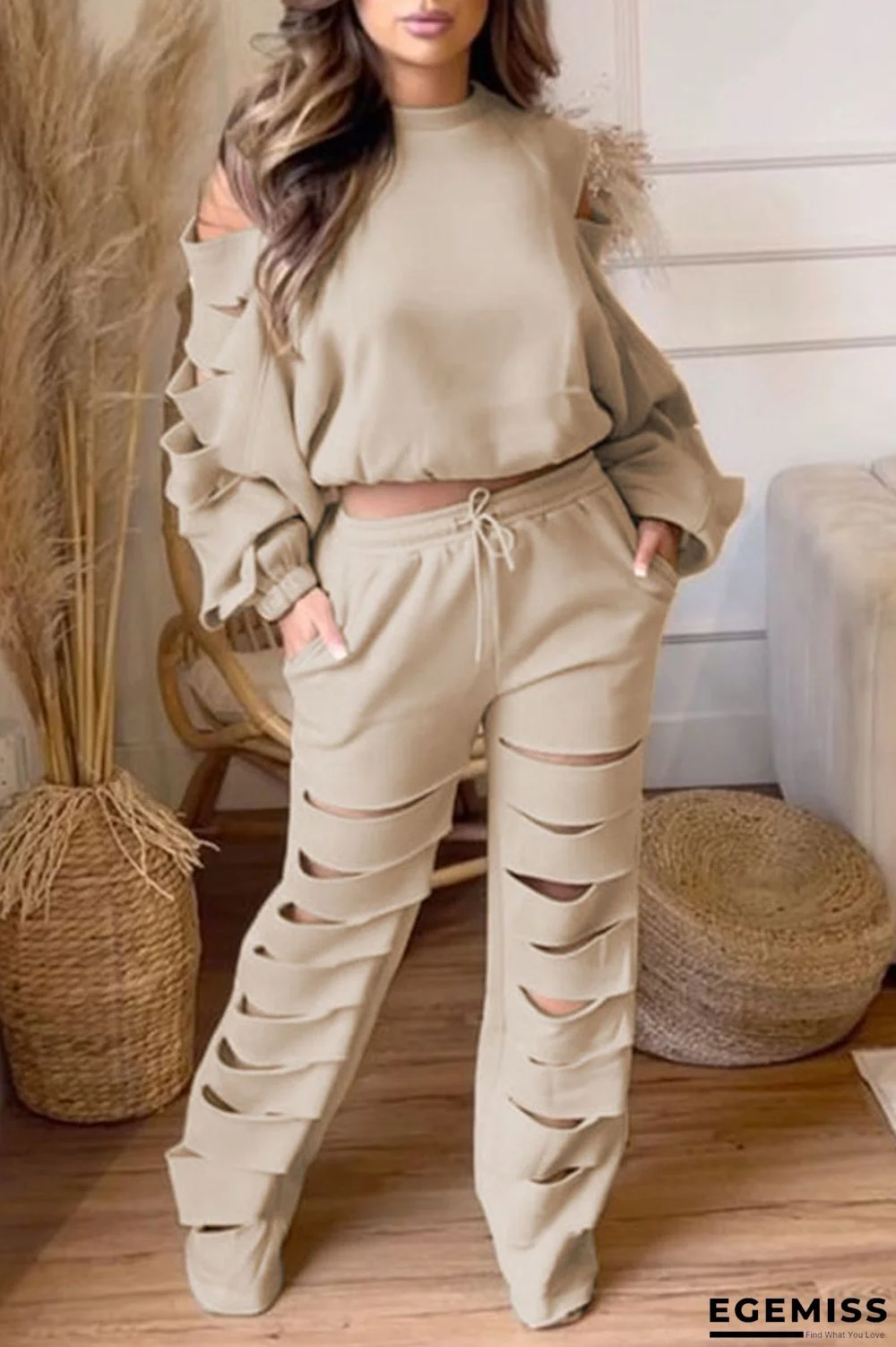 Camel Casual Street Solid Hollowed Out Patchwork O Neck Long Sleeve Two Pieces | EGEMISS
