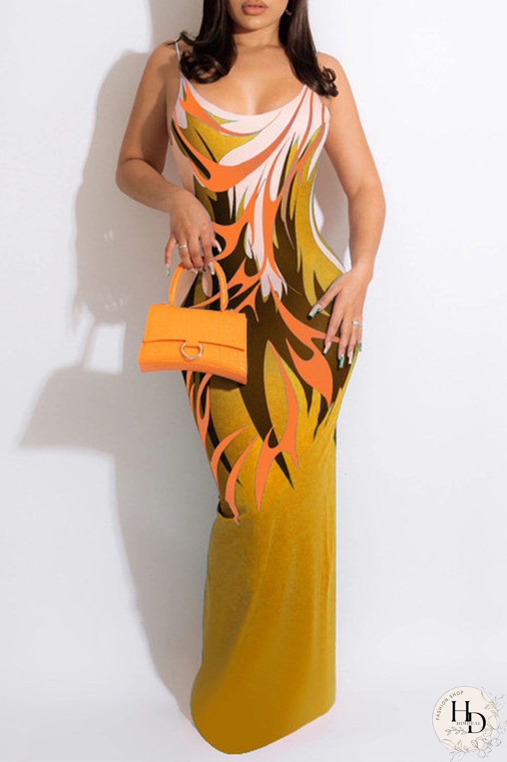 Ginger Fashion Sexy Print Backless Spaghetti Strap Long Dress