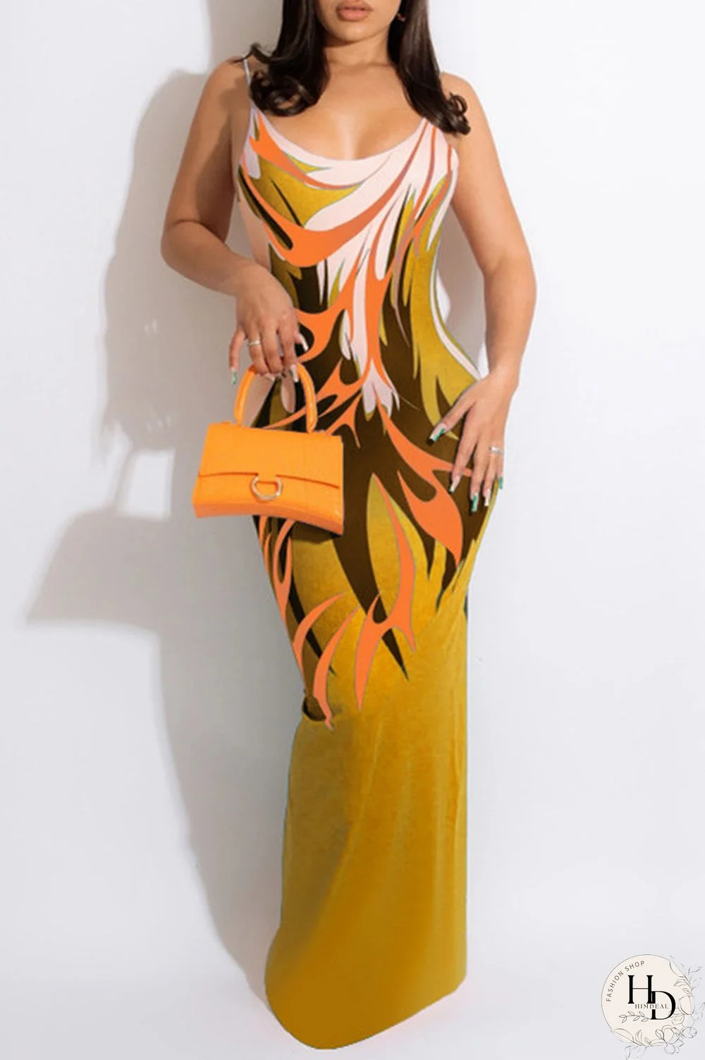 Ginger Fashion Sexy Print Backless Spaghetti Strap Long Dress