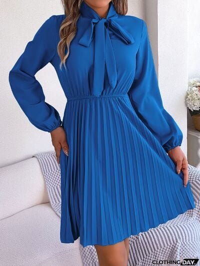 Tie Neck Balloon Sleeve Pleated Dress