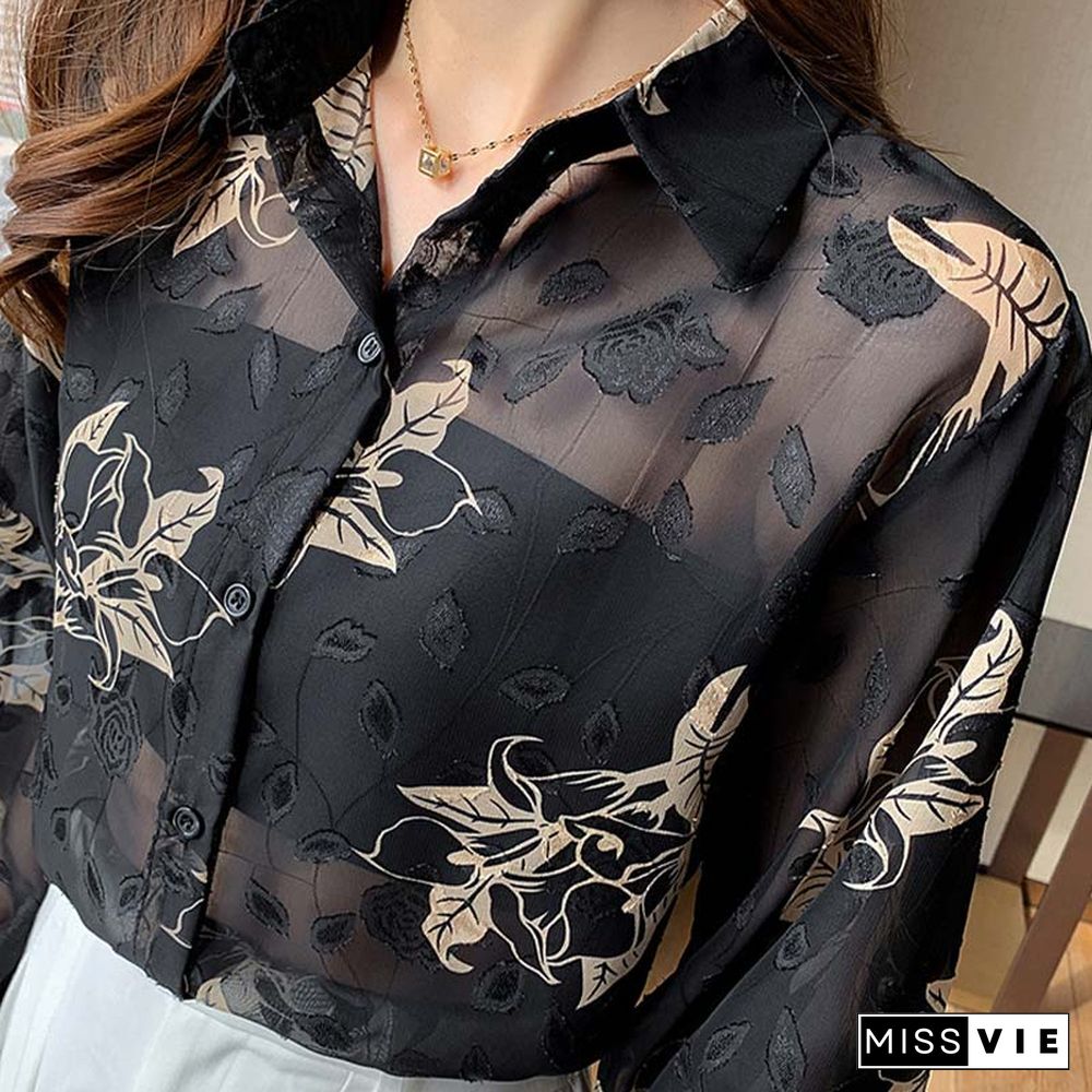 Floral Print Puff Sleeve Chiffon Shirt