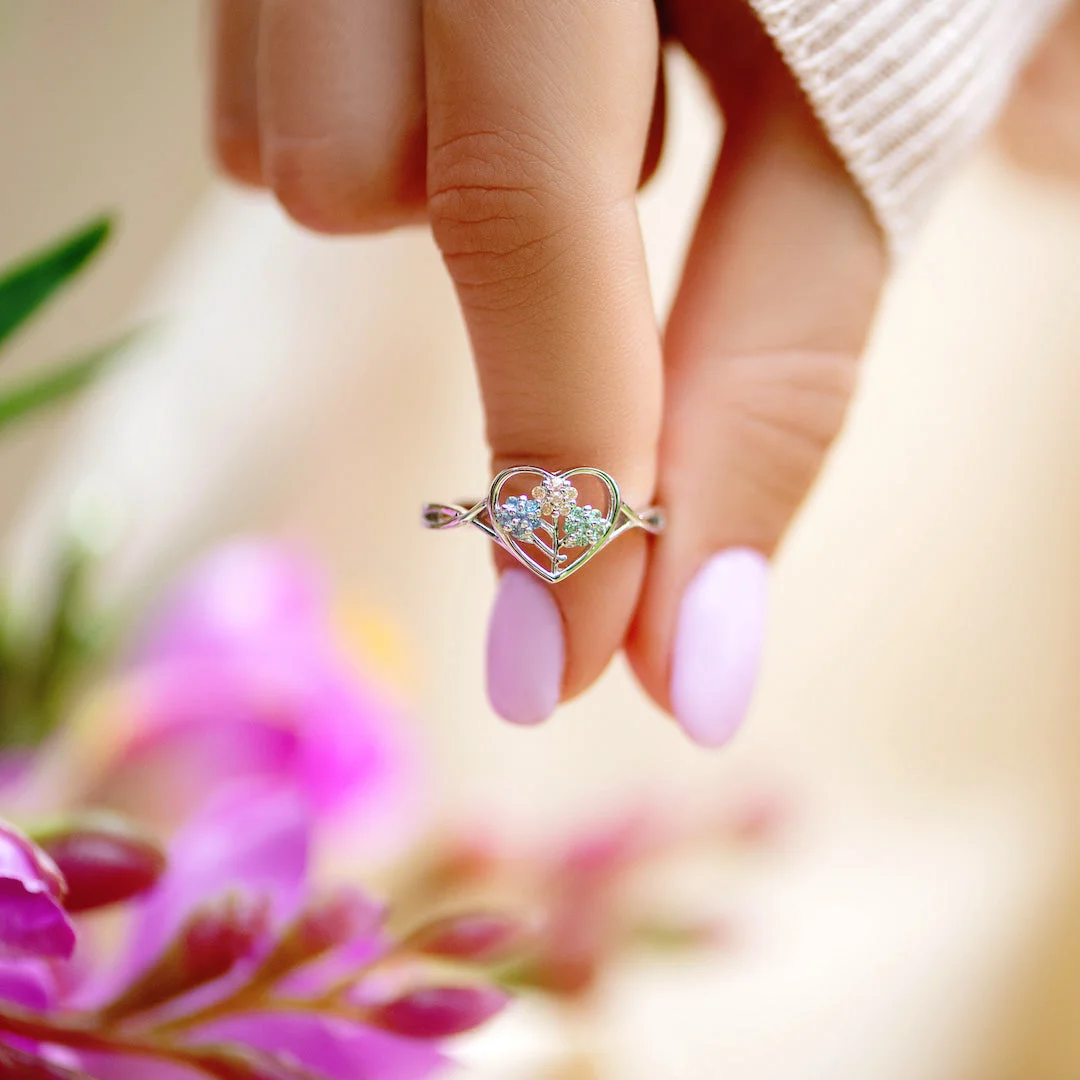 Mama's Heartbeats 1-5 Birthstones Flower Heart Ring