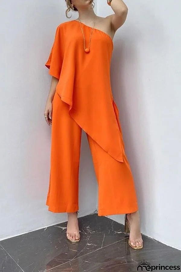 Loose Solid Color Sexy Sloping Shoulder Jumpsuit