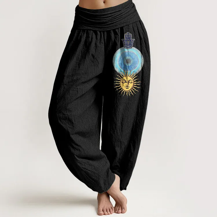 Cotton Minimalist Style Hamsa's Hand Sun Pattern Women's Elastic Waist Harem Pants