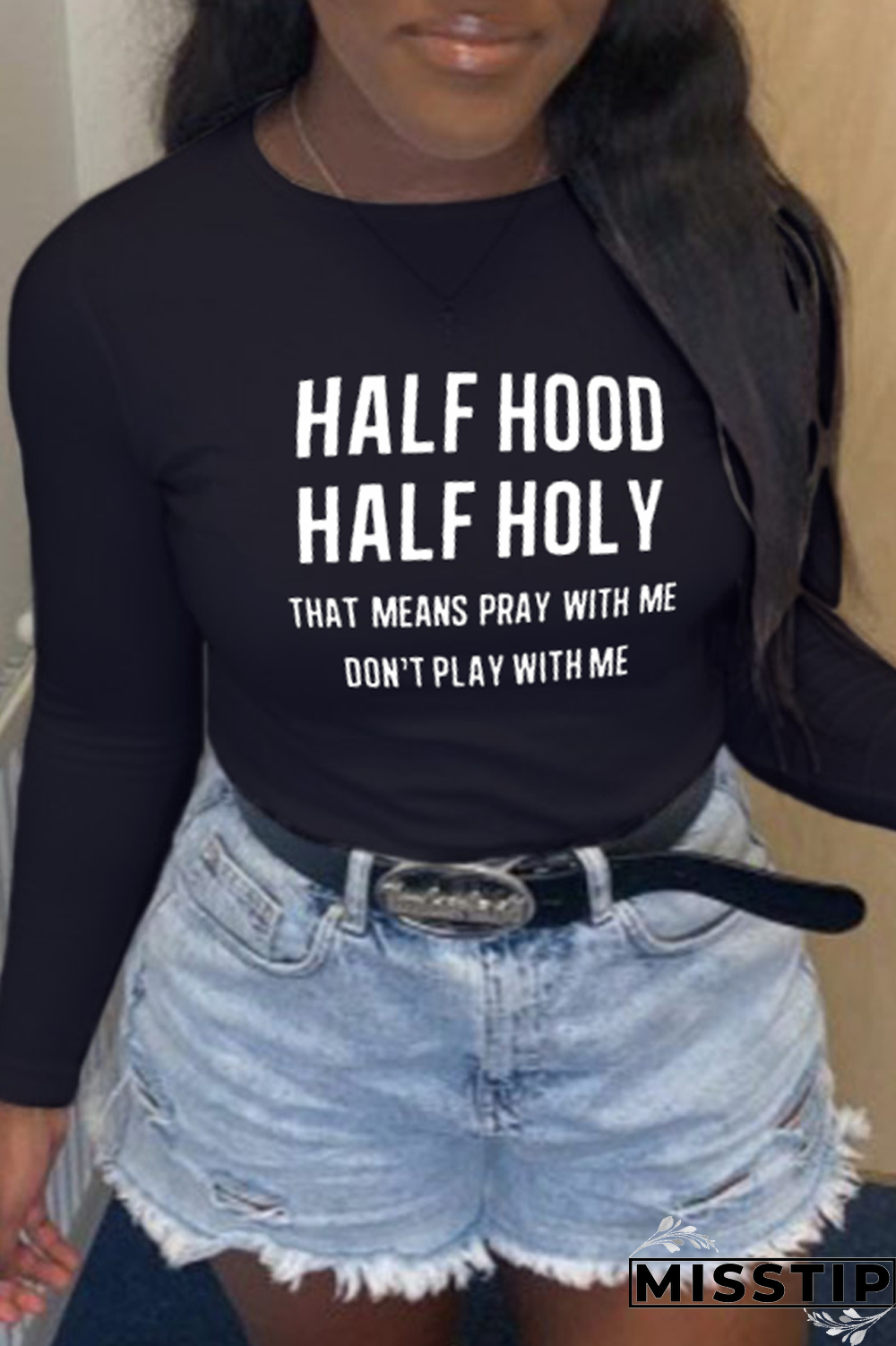 Black Fashion Street Print Letter O Neck Tops