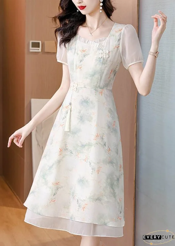 Italian Beige Ruffled Square Collar Print Chiffon Dresses Summer