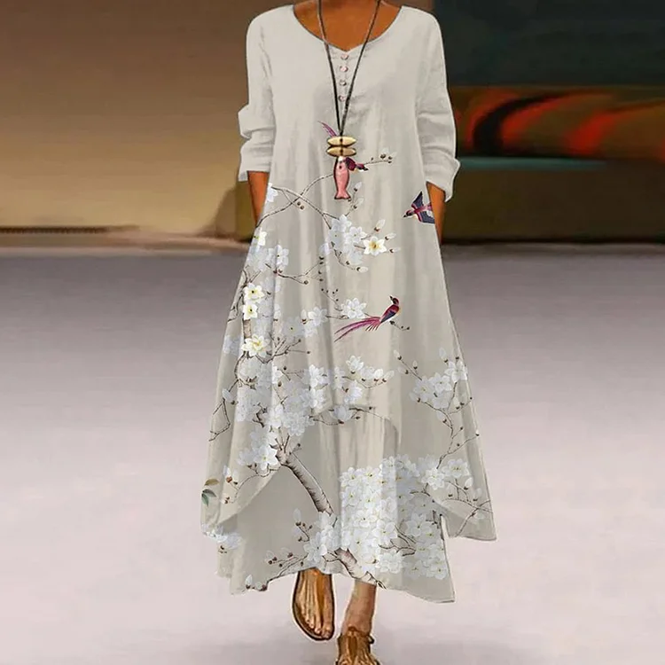 Flower And Bird Print Fake Two Piece Maxi Dress