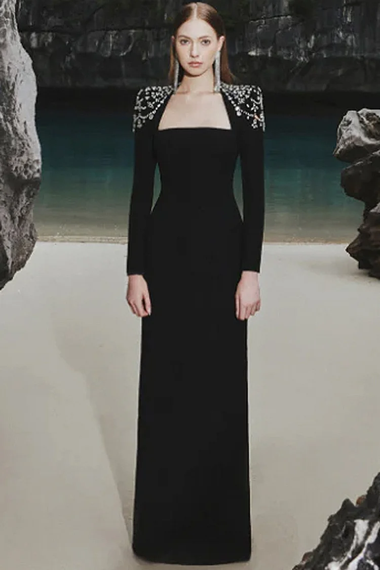 Rhinestone Embellished Shoulder Pads Square Neck Maxi Dress-Black