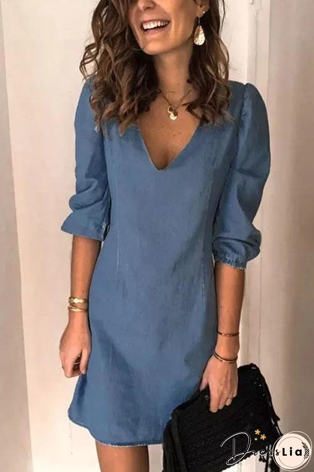 Puff Sleeve Simple Denim Dress